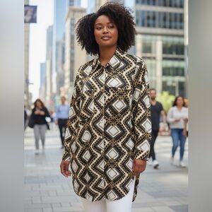 Shoe Dazzle Black and Gold Geometric Shirt Dress Long Sleeve Tunic Size Large